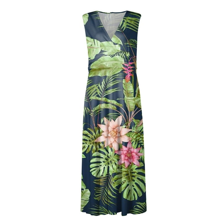 Qcmgmg Hawaiian Dress for Women Tropical Casual V Neck Beach