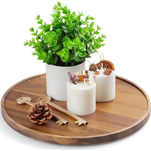 12 Inch Acacia Wood Round Tray, Wooden Decorative Serving Coffee Table Tray Centerpiece Candle Holder for Farmhouse Kitchen Dining Room Home Decor Coffee Table Decor and Accessories