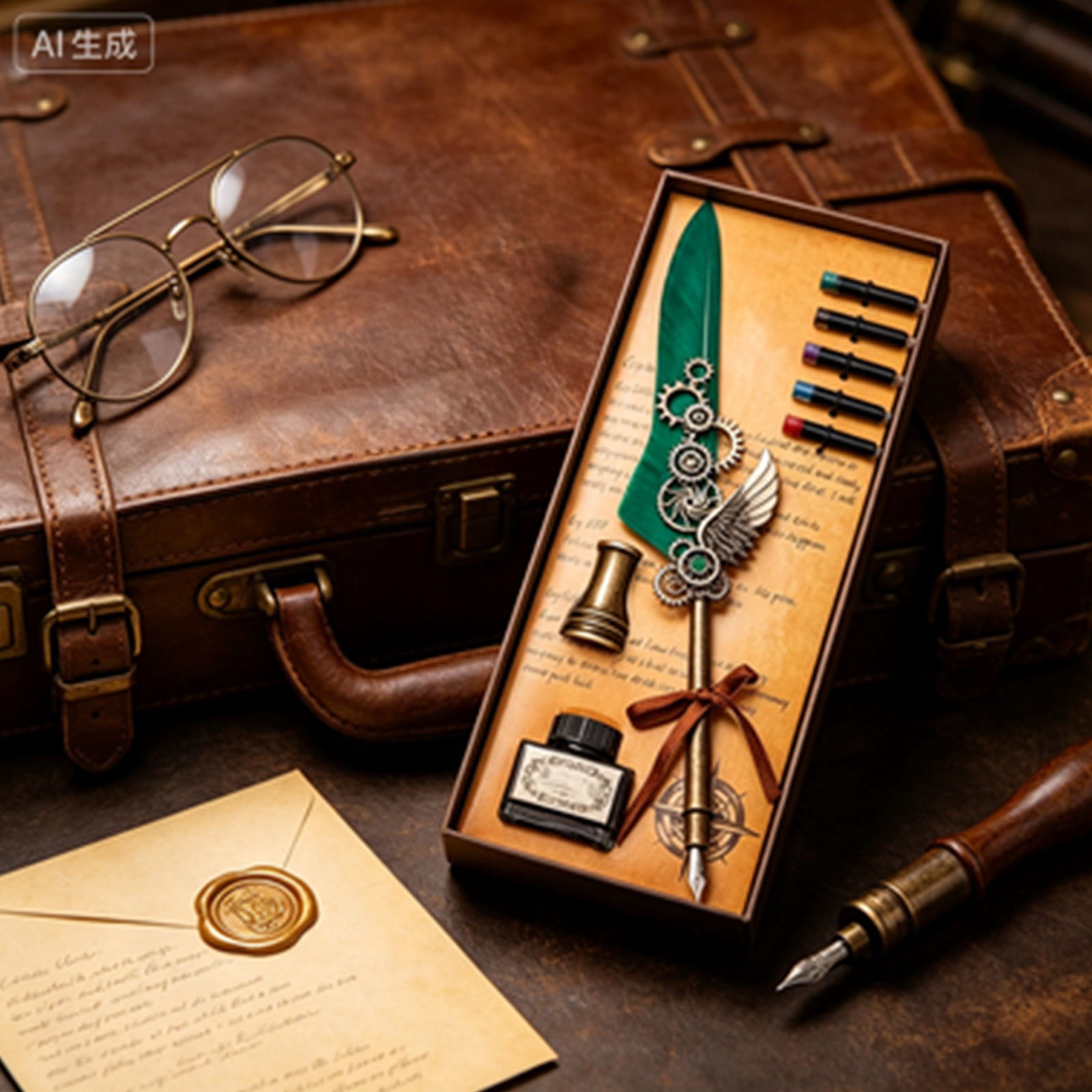 Xheghe Steampunk Quill Pen Set with Ink and Stand - Elegant Writing Kit for Journaling, Letter Writing, and Gifts for Adults