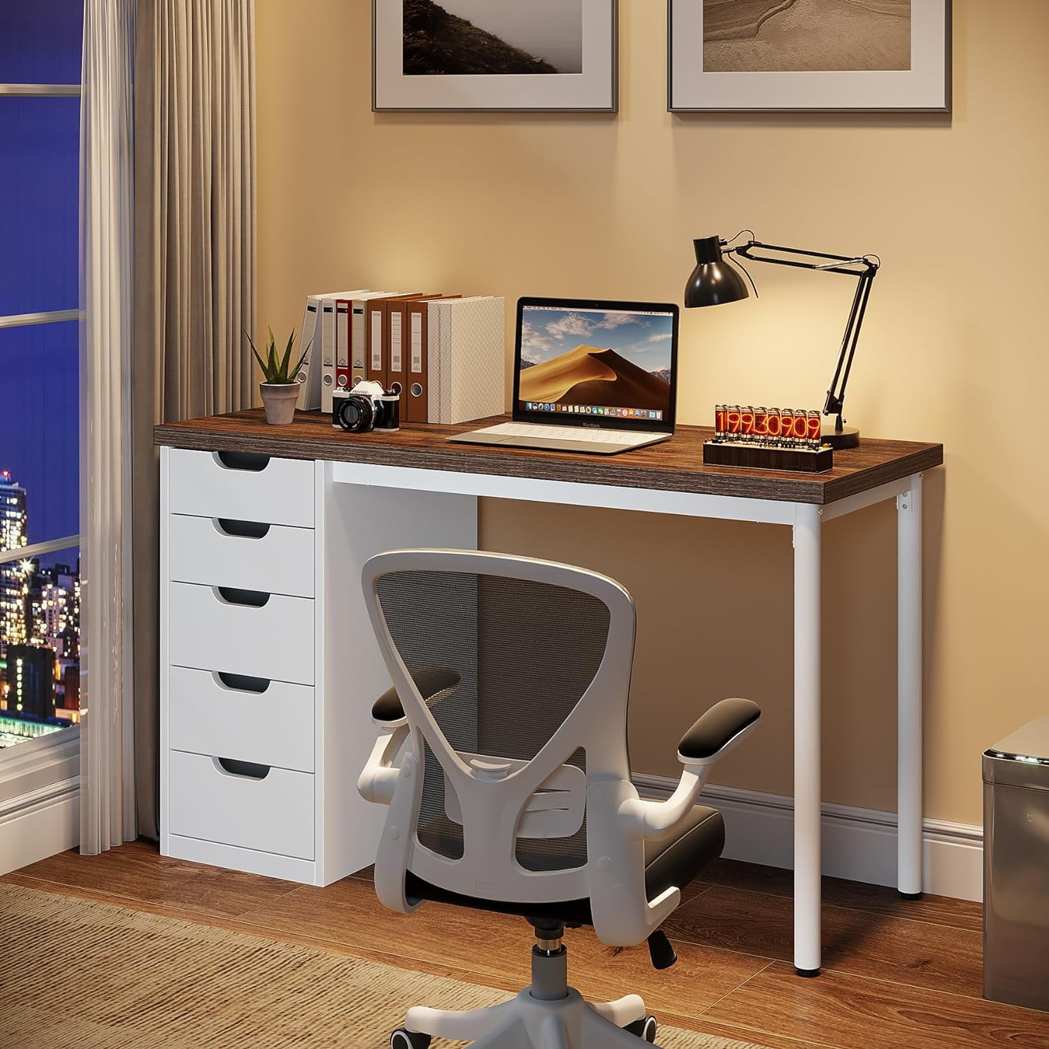 Tribesigns Modern Computer Desk with 5 Drawers, 47 in Brown Home Office Desk with Storage for Adult