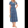 thumbnail image 1 of Vestidos Largos de Verano para Mujer 2025, Informales, con Escote en V, Corta Abullonada, Fruncidos, Holgados, Estilo Bohemio, para Playa, con Estampado Floral, Azul XXL, 1 of 10