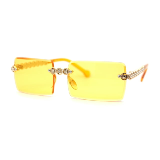 Heavy Rhinestone Chain Jewel Rimless OG Rapper Sunglasses Gold Yellow