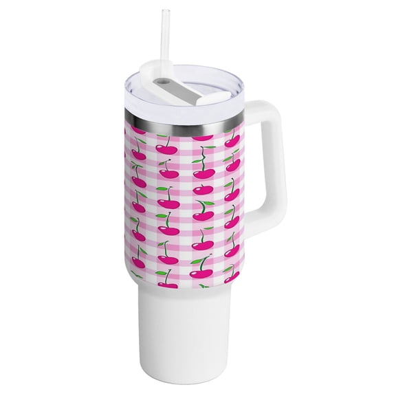 40 oz Tumbler with Handle and Straw Lid Cherry on Gingham Insulated Vacuum Water Bottle Stainless Steel Travel Cup