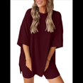 thumbnail image 1 of Traje Casual de Dos Piezas para Mujer, Camisa Holgada de Verano, Pantalones Cortos de Ciclismo, Ropa de Viaje para el Aeropuerto. Vino Tinto L, 1 of 6