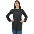 thumbnail image 3 of Phagun Women Summer Tunic With Box Pleat Long Sleeve Black Top Casual Blouse - 4, 3 of 8
