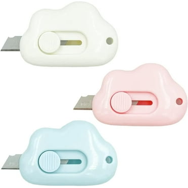 Cute Retractable Box Cutters, 3Pcs Cloud Shaped Mini Art Cutter Utility Knife .Cutters Plastic Letter Opener Slide Open with Keychain Hole for Box Letter Envelope.