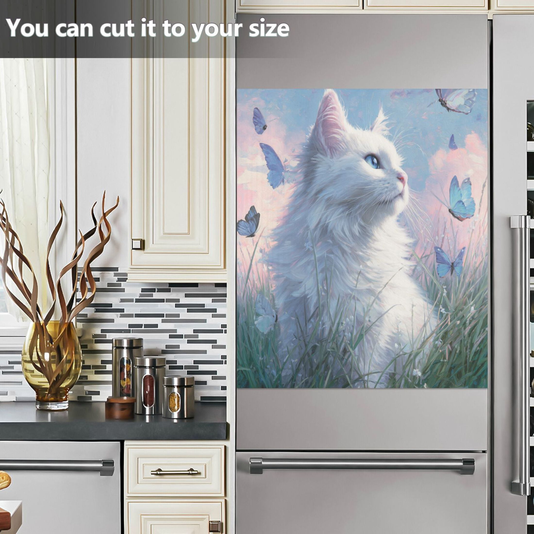 Dishwasher Magnetic Refrigerator Magnet Cover Sticker Home Decorative 23"x26" White Cat Butterflies