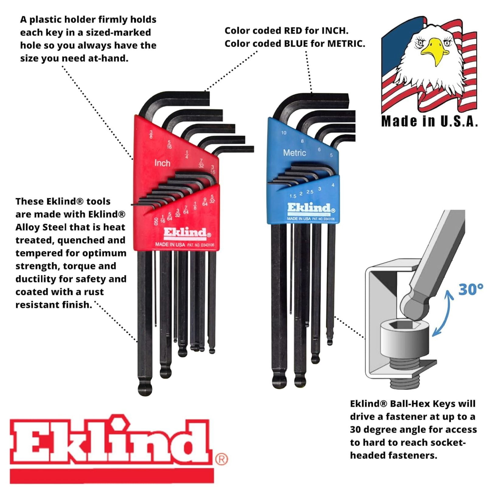 Eklind 13222 -Hex L-Key allen wrench Combo- Inch / MM (2 sets 22pc), 22-piece set