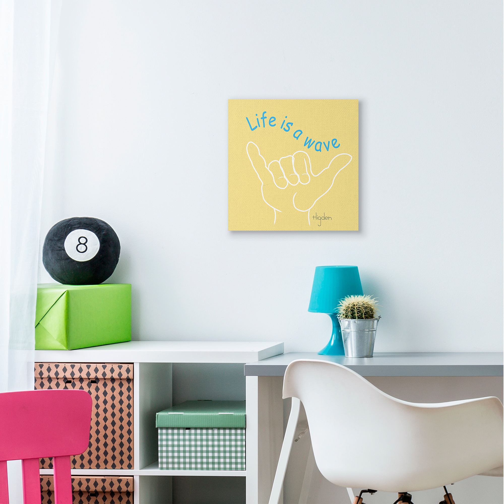 Life's a Wave Phrase Surf's Up Hand Sign Coastal Gallery-Wrapped Canvas Print Wall Art, 17x17