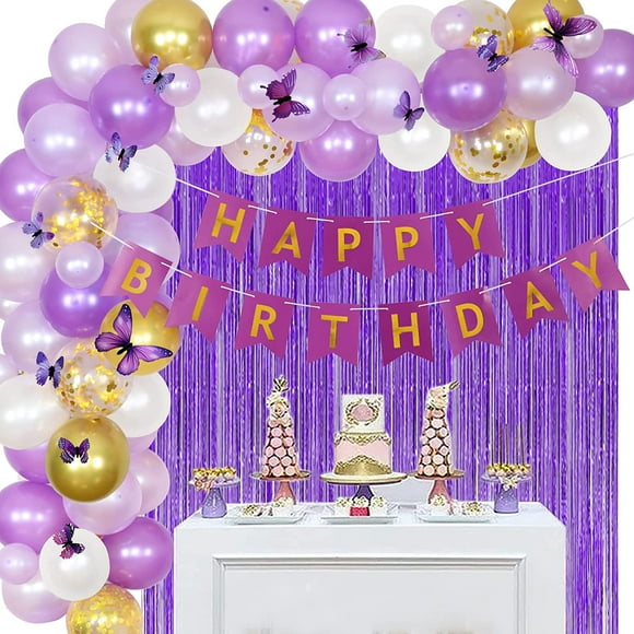 Décorations d'Anniversaire Papillon, Kit Arche Guirlande de Ballons Papillon DIY Ballons, Kit Guirlande de Ballons Papillon Violet avec Rideau à Franges, Autocollants Papillon pour Femmes Décorations de Fête de Jardin Printanier