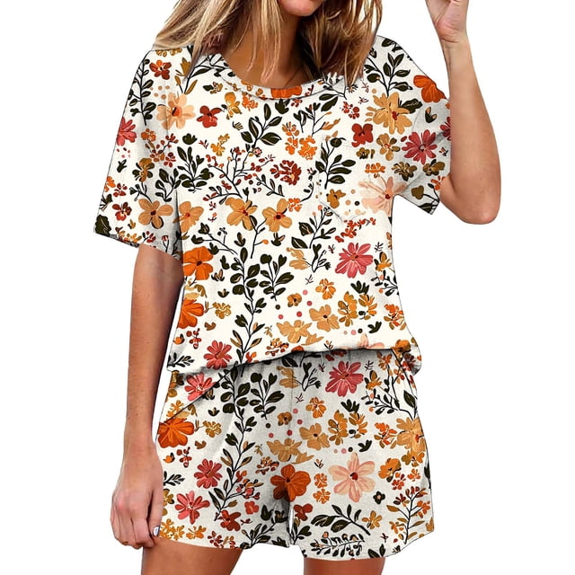 Conjunto de pijama de mujeres manga corta cuello redondo color sólido ropa de dormir casual con pantalones conjunto de salón