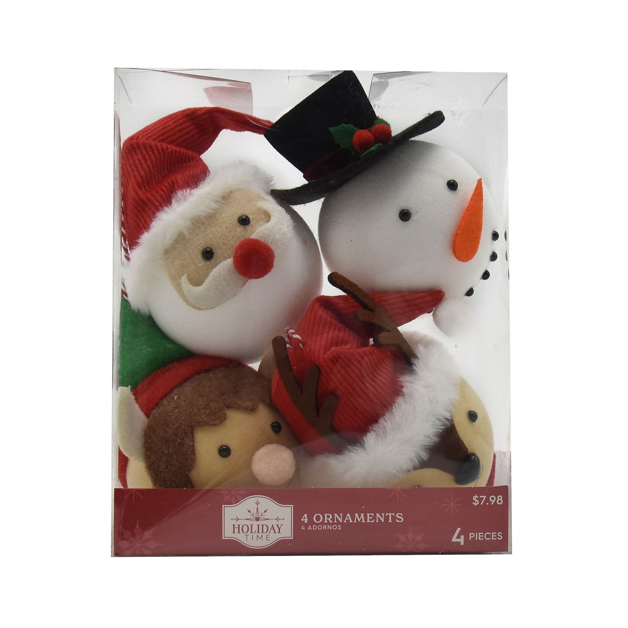 Holiday Time 4CT Red White Green Elf Santa Snowman Deer Decorative Accents Ball Ornament Set