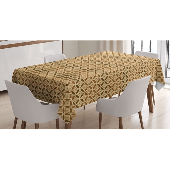 Vintage Tablecloth, Celtic Style Interlaced Geometric Circles with Abstract Stars at the Centre, Rectangle Satin Table Cover for Dining Room and Kitchen, 60" X 84", Caramel and Beige, by Ambesonne