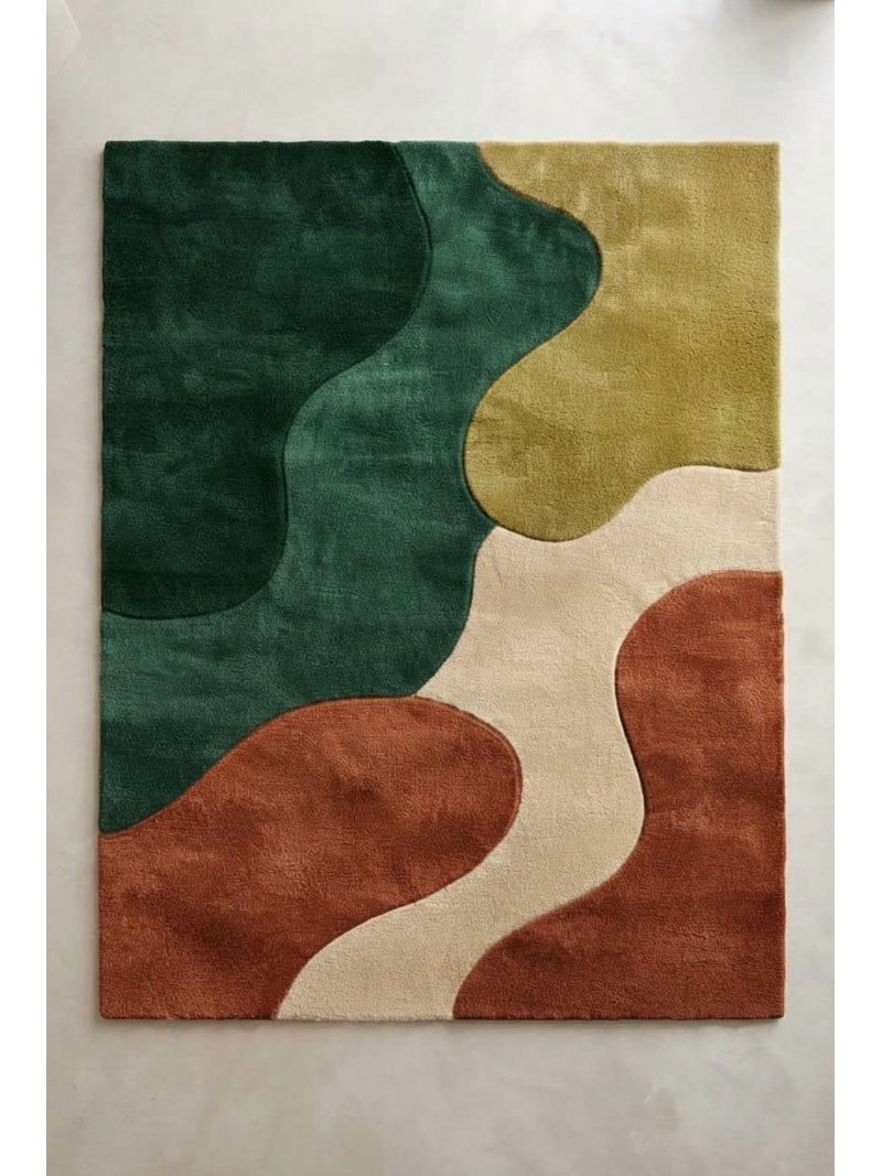 Organic Green Rug Hand-Tufted Abstract Organic Color Block Forest Green and Terracotta ...