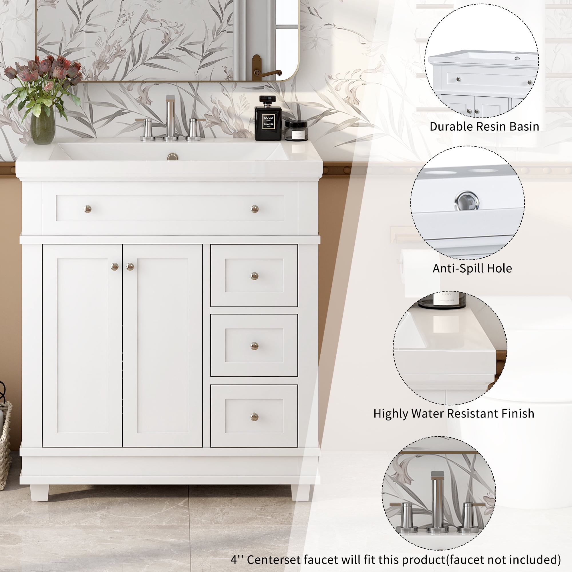 Euroco 30" Bathroom Vanity Cabinet with Sink Combo Set, Undermount Resin Sink, Free Standing Vanity Set with 2 Drawers& Soft Closing Doors, Solid Wood Frame Bathroom Cabinet, White