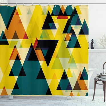 Geometric Shower Curtain, Modern Triangles 3 Dimensional Fantasy Shapes in Summer Tones, Fabric Bathroom Set with Hooks, 69W X 70L Inches, Earth Yellow and Multicolor, by Ambesonne