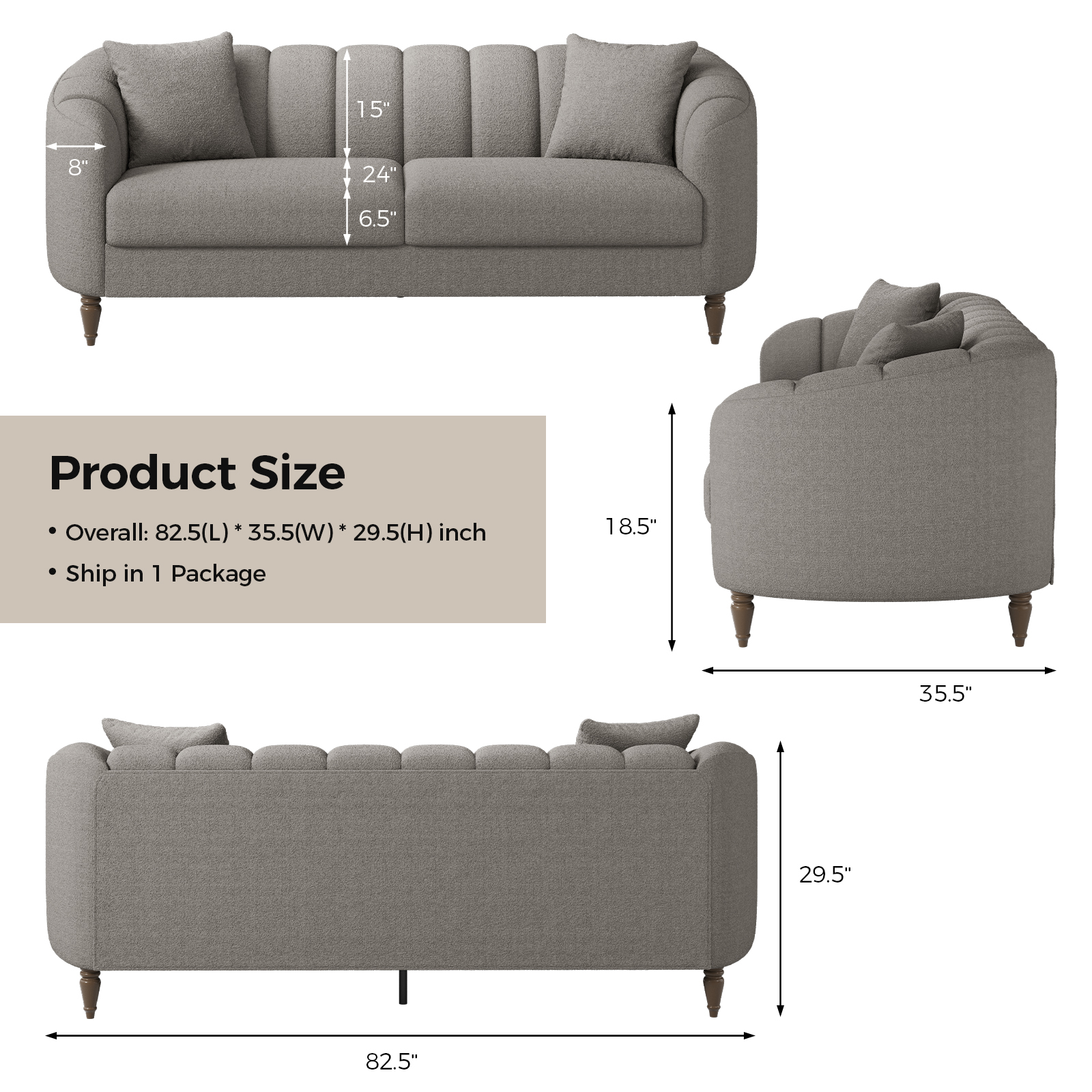 COPIAE 82 Inch Loveseat Sofa,Modern Couch and Sofa,Curved Petal Design Furniture,Sturdy and Easy Installation,Small Sofa for Living Room Bedroom Office and Apartment,Terry Fleece Fabric Gray