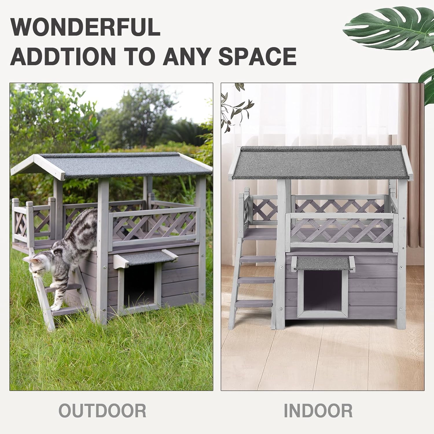 BUTINGLALE Cat House Outdoor Indoor Feral Cat Shelter Wooden Kitty House with Stairs, Balcony＆Weatherproof Roof