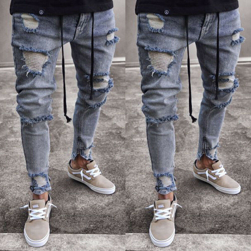 Men Ripped Biker Skinny Jeans Frayed Pants Casual Slim Fit Jogger Denim Trousers