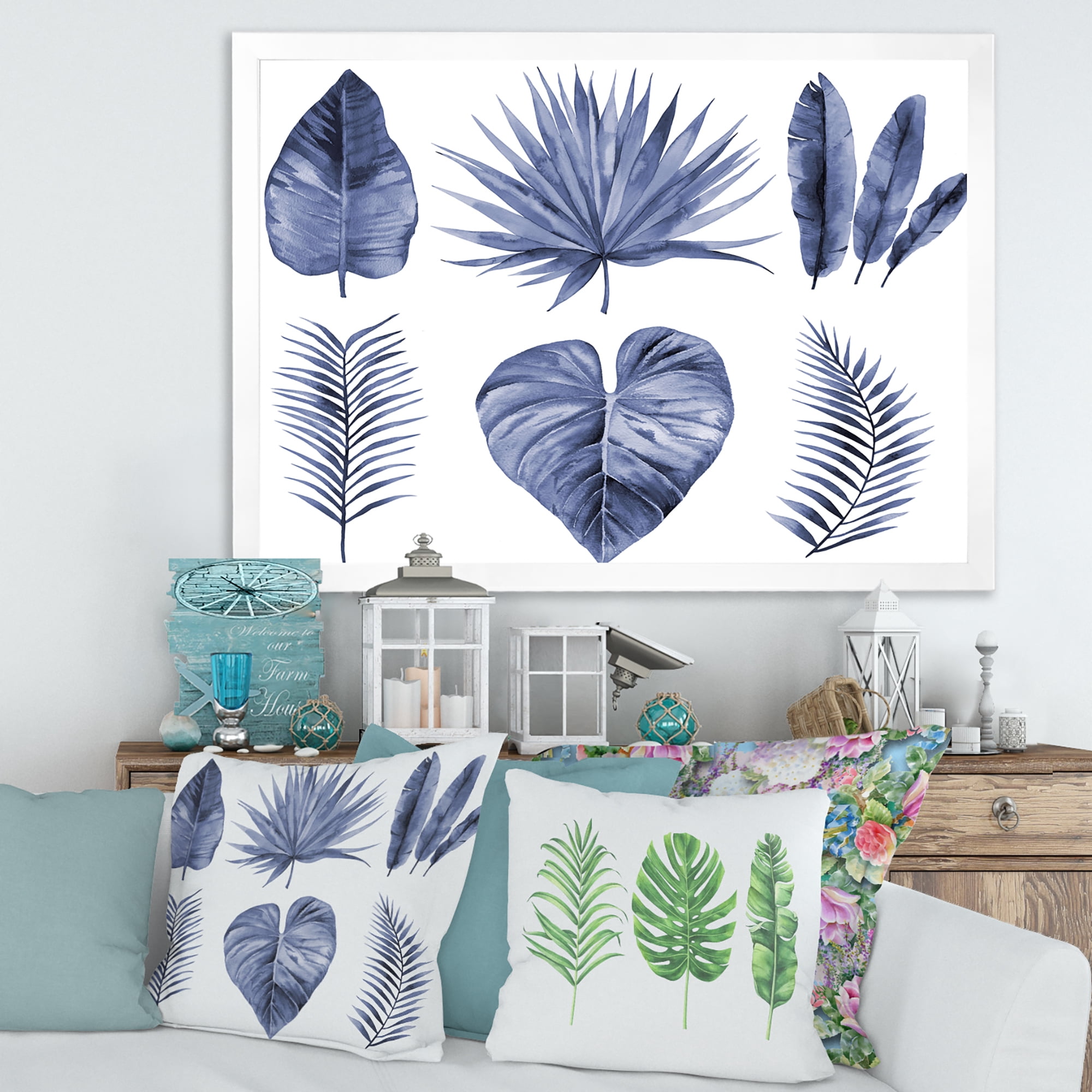 Designart 'Blue Watercolour Tropical Leaves IV' Traditional Framed Art Print