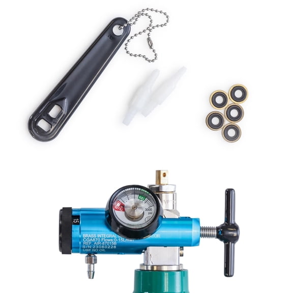 Oxygen Regulator 0-15LPM, CGA-870 Gauge Flow Rate – Includes Wrench Key, 5 Brass Yoke Washer Seals, and 2 Oxygen Tubing Swivel Connectors - Ergonomic Handle Design – Blue