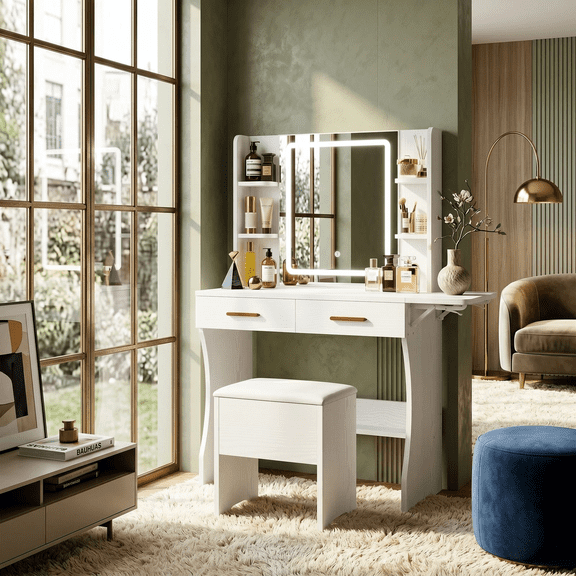 IRONCK Makeup Vanity Desk with LED Lighted Mirror & Power Outlet, 2 Drawers Vanity Table with Storage Stool for Bedroom