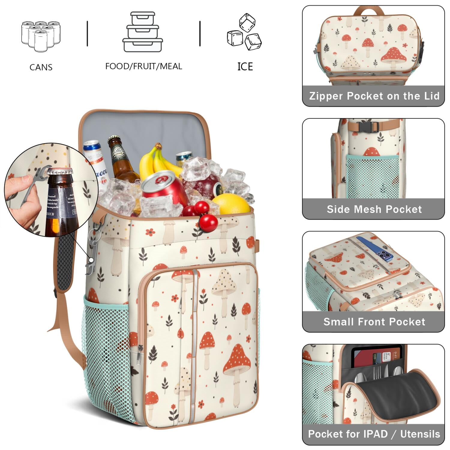 Cooler Backpack 26 Cans Insulated Backpack Cooler for Men & Women,Mushroom Drink Beverage Beer Bag Cooler for Road Trips