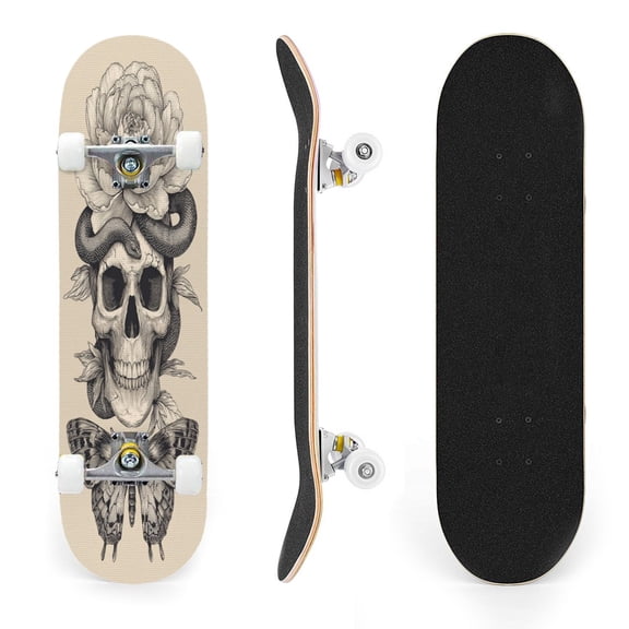 31"x8" Skull Blooming Flower Coiled Snake Detailed Complete Skateboards for Beginners, Double Kick 7 Ply Maple Deck Skateboard with Wheels, Gifts for Kids Teens