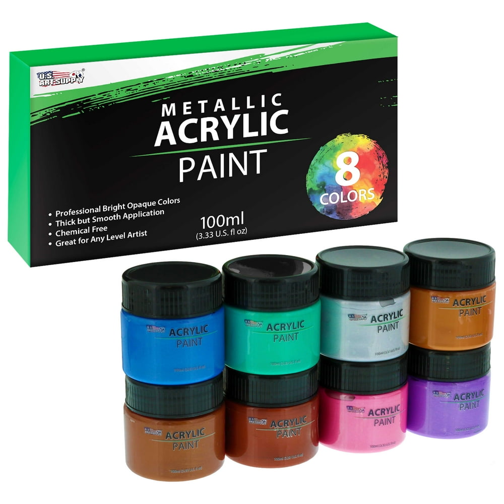 U.S. Art Supply 8 Color Metallic Acrylic Paint Jar Set 100ml Bottles (3