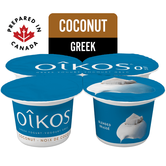 Oikos Greek Yogurt, Coconut, Blended, 0% M.F., 4 x 100 g