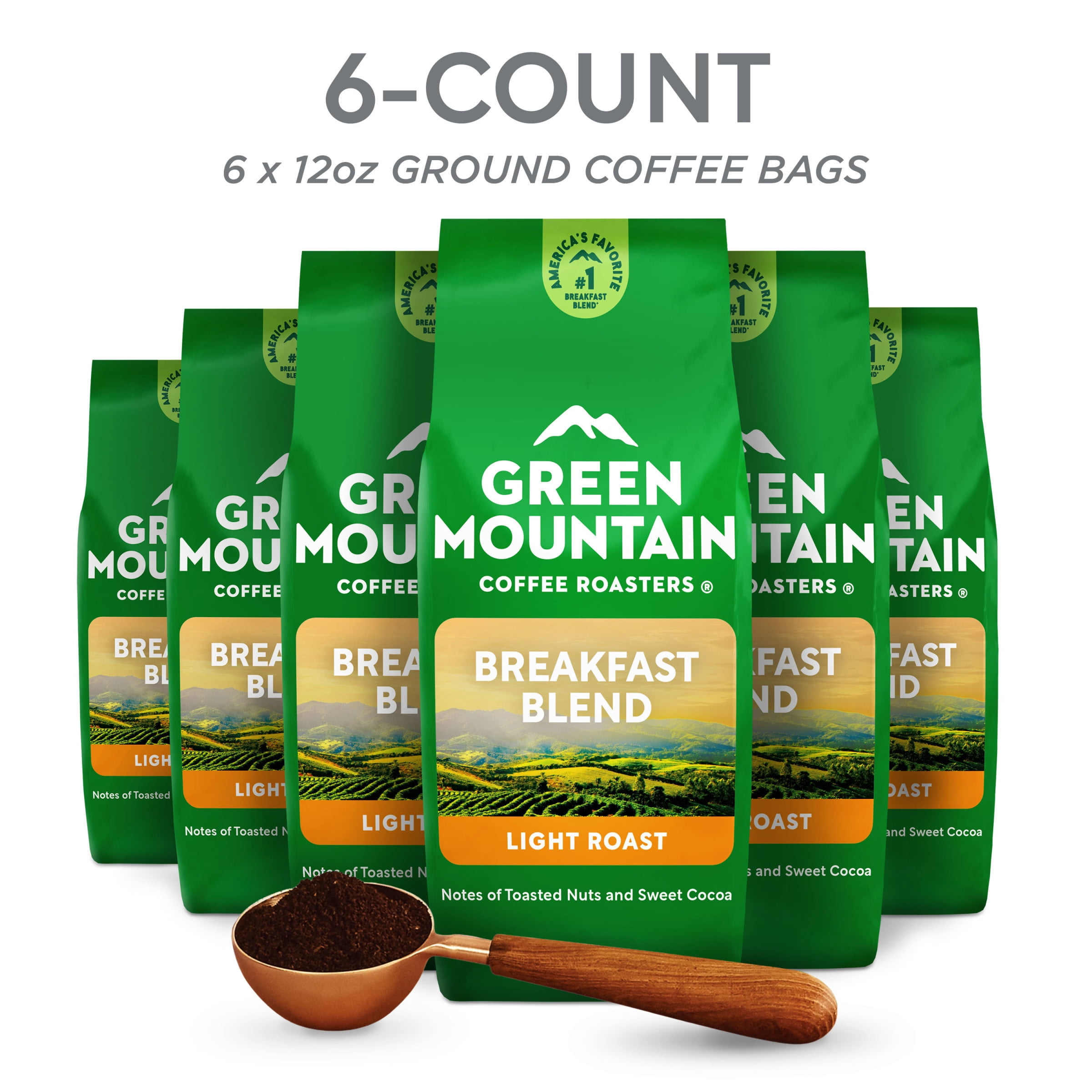 (6 pack) Green Mountain Coffee Roasters Breakfast Blend, Light Roast, Ground Coffee, 12 oz