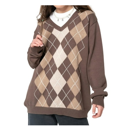 

Ma&Baby Women s Argyle Plaid Print Sweater Long Sleeve V-neck Knitted Vintage Sweater Pullover Tops