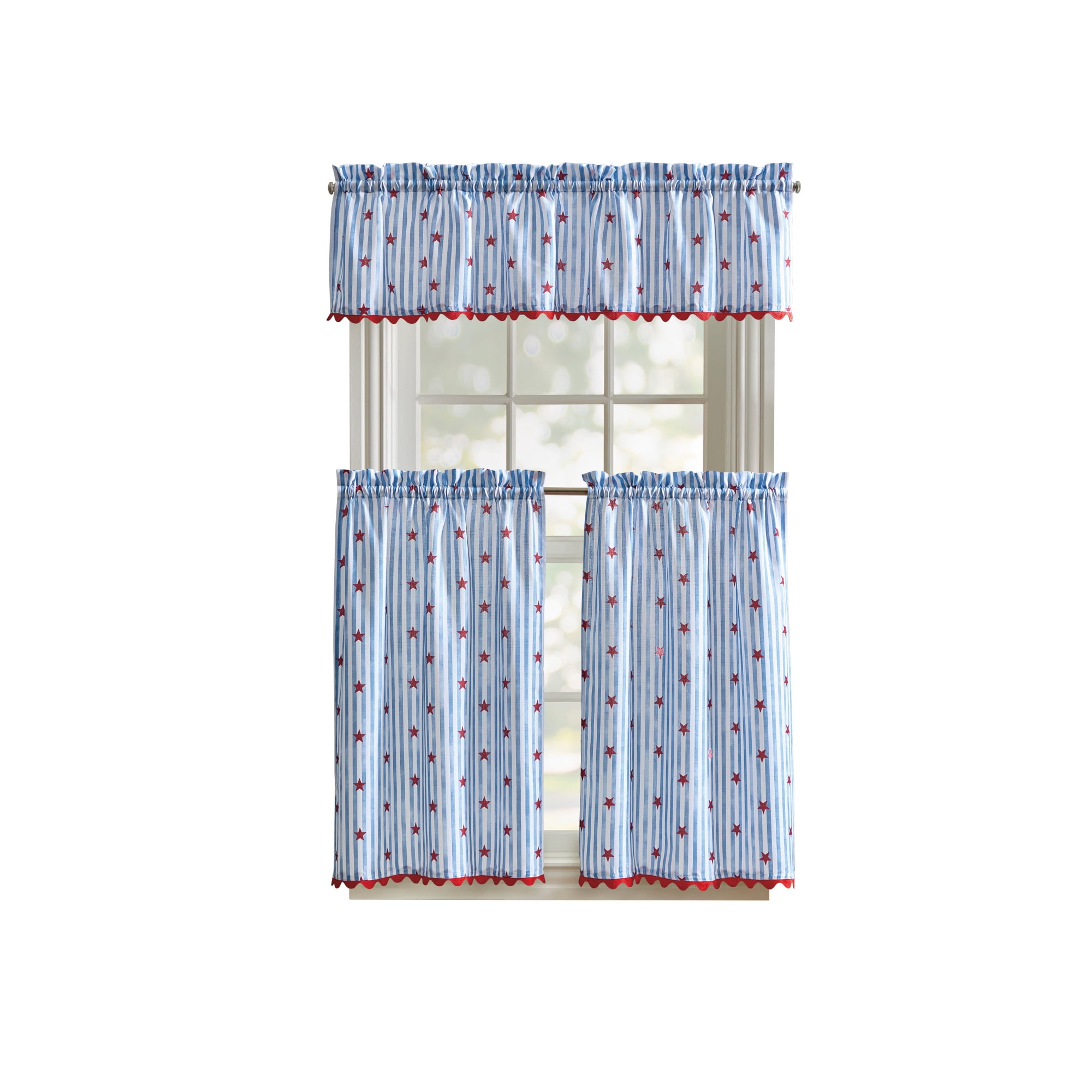 Curtainworks Stars and Stripes 3 Piece Tier and Valance Set Multicolor, Indoor, Pole Top, 56" x 14", Adult