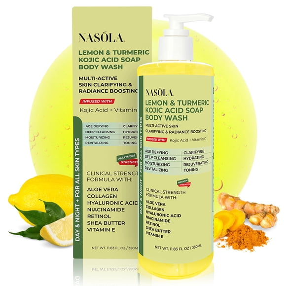Nasola Jabón de ácido kójico de cúrcuma y limón, limpiador natural suave para rostro y piel con vitamina C, manteca de karité, colágeno, niacinamida, ácido hialurónico y aloe vera, 11,83 onzas líquida
