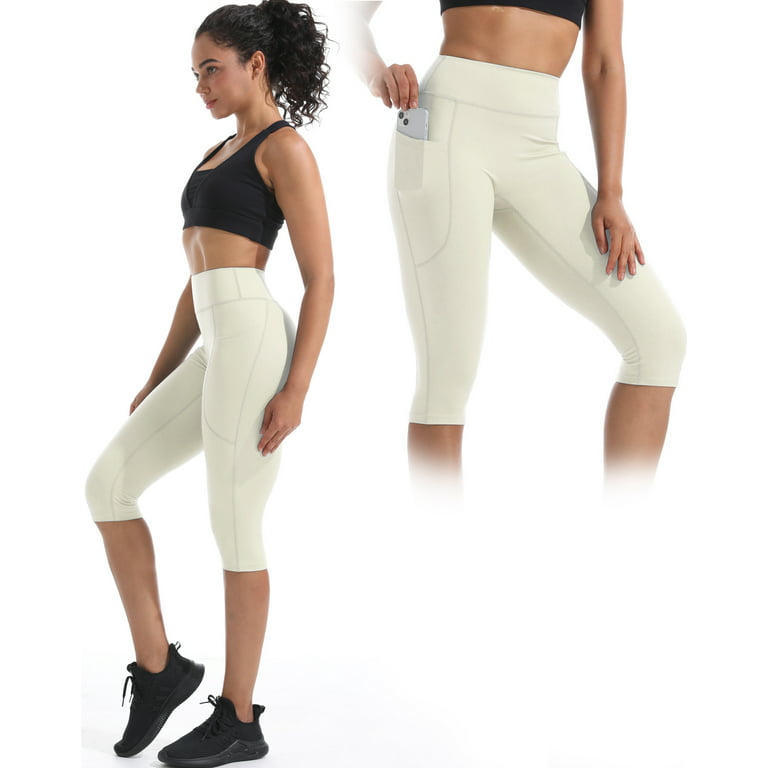 NELEUS Womens Yoga Capris Leggings For Workout With Pockets Tummy Control  High Waist,Black+Gray+Off-White,US Size S