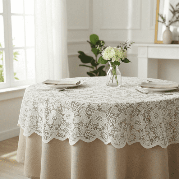AK Trading 60 Inch Round Floral Lace Crochet Tablecloth Overlay Ivory