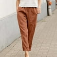 thumbnail image 2 of Wyobmus Women's Linen Crop Pants Solid High Waisted Casual Loose Straight Fit Pants With Pockets 2025 Summer Trendy Trousers S-5X A-Brown, 2 of 5
