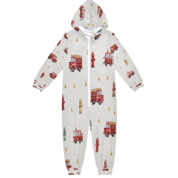 Soft Big Kids Onesie Pajamas Cozy Loose-Fit Jumpsuits for kids with Pockets for Christmas Lounge & Play Red Fire Trucks Pattern