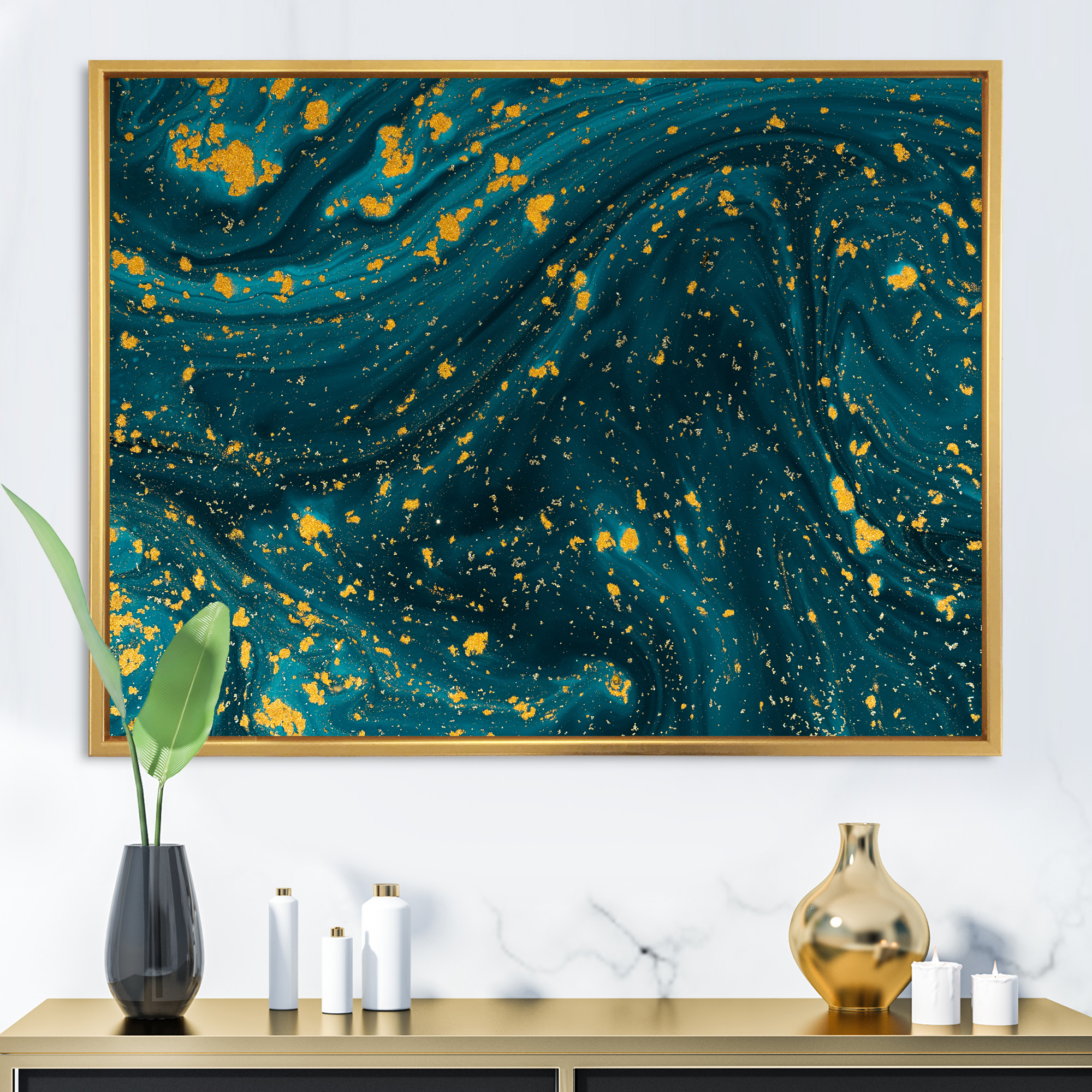 Designart 'Golden Glitter With Dark Blue Marble' Modern Framed Canvas Wall Art Print