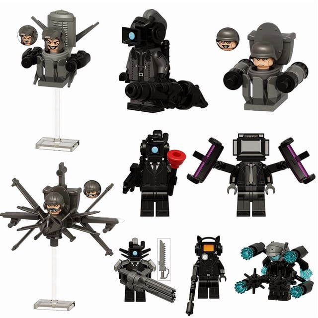 SparkBricks Set de 9 Figuras de Gente Mecánica TV Hombre Bloques de Construcción – Mini Figuras de Acción de 4.5cm, Juguetes de Anime Interactivos para Niños