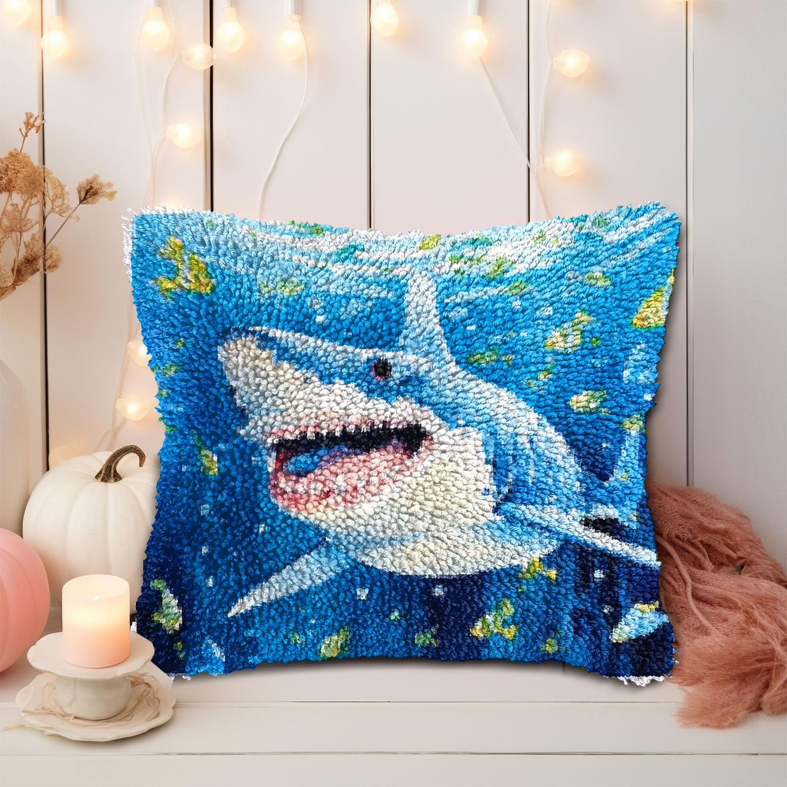 Cartoon Shark in Sea DIY Latch Hook Pillow Kits for Adults Printed Pillowcase Crochet Yarns Hooking Handmade Pillow Cover Cushion for Home Sofa Decoration 17x17inch(2)
