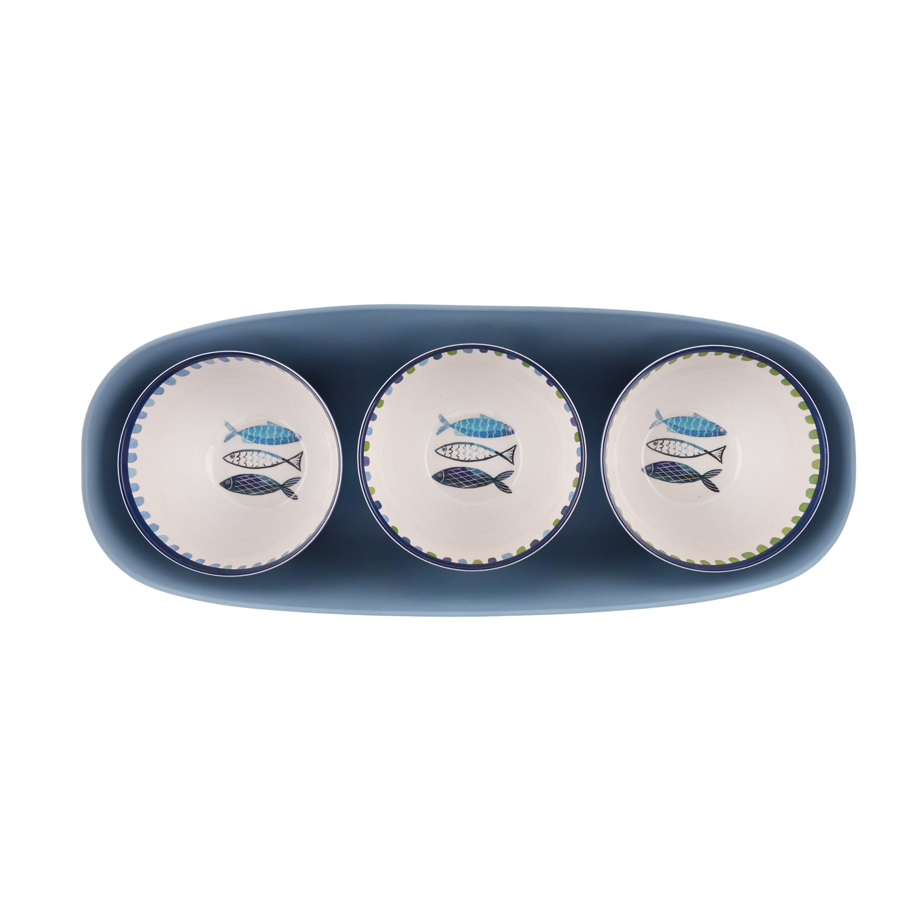 Beautiful 14.6 in x 6 in Bamboo Melamine Oval Serving Tray Set with 3 Sardine Dip Bowls, Multi-Color by Drew Barrymore