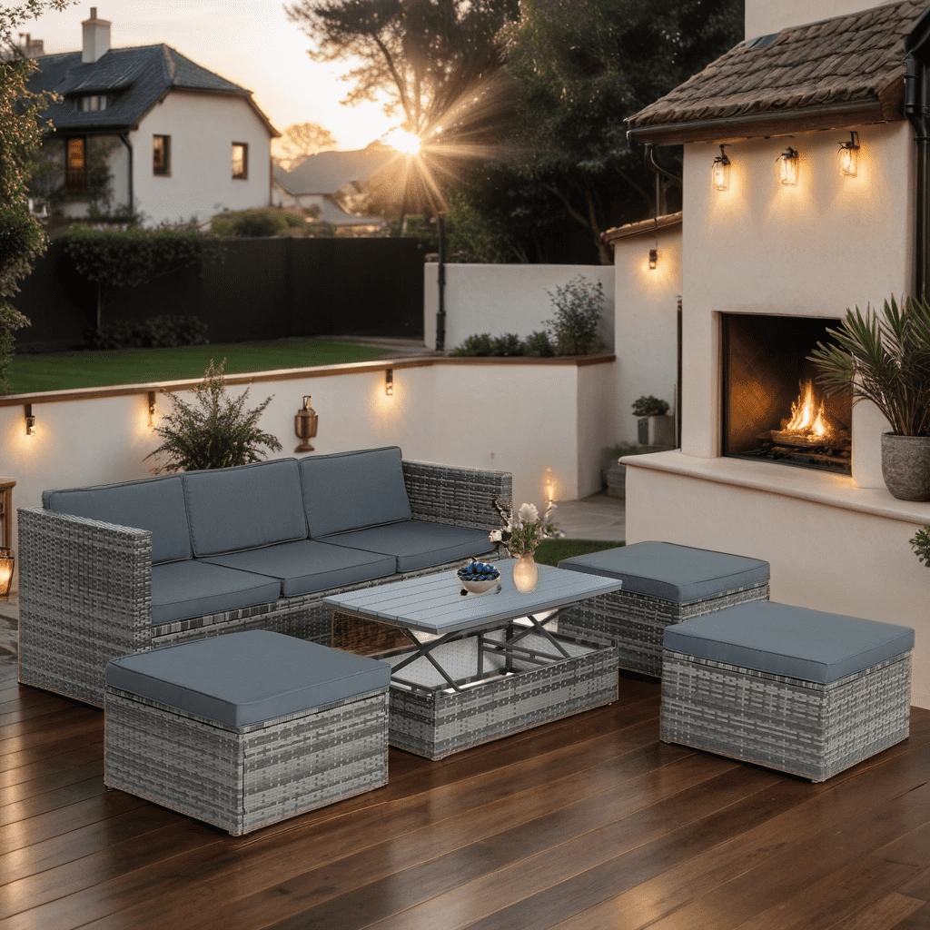 5 Piece Patio Furniture Set, All-Weather Outdoor Conversation Set with Lift-top Coffee Table & Ottomans, Adustable Backrest Wicker Sectional Seating Group for Patio Deck Garden Pool, Gray