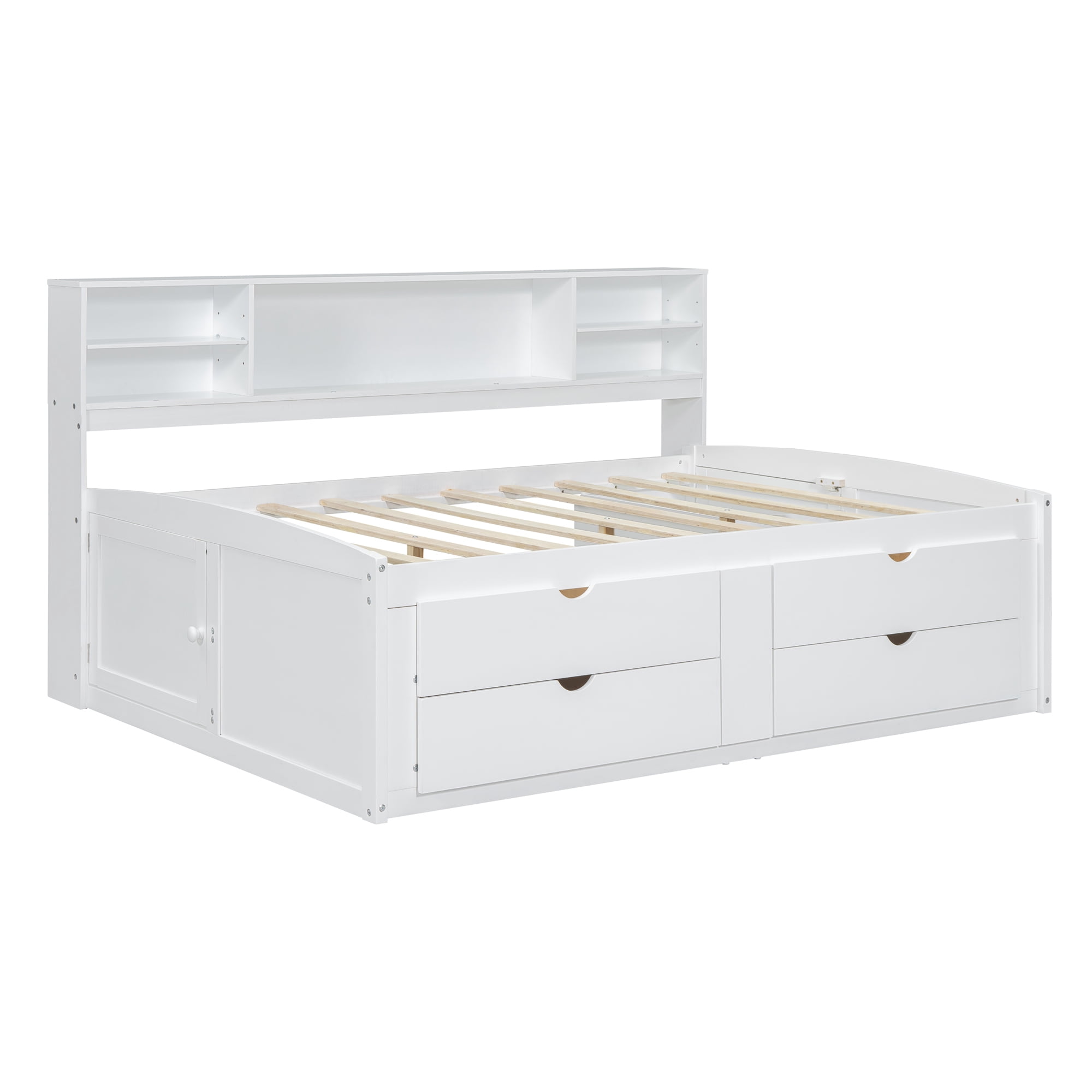 Mintazer Full Daybed Frame with Bookcase Headboard, Multifunctional Storage Bed with 4 Storage Drawers & Side Cabinet for Bedroom Guest Room, White