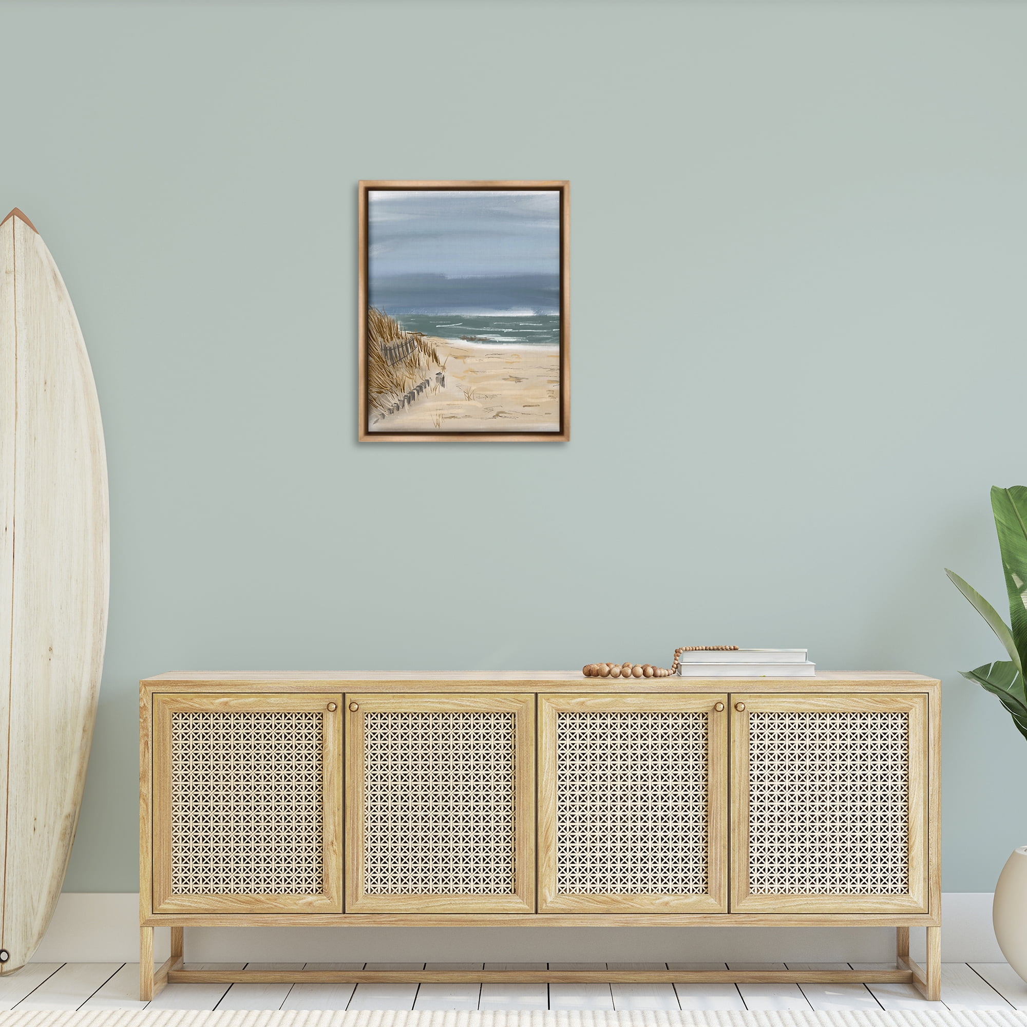 Stupell Industries Serene Beach Fence Landscape Painting Brown Floater Framed Canvas Art Print Wall Art, 25 x 31