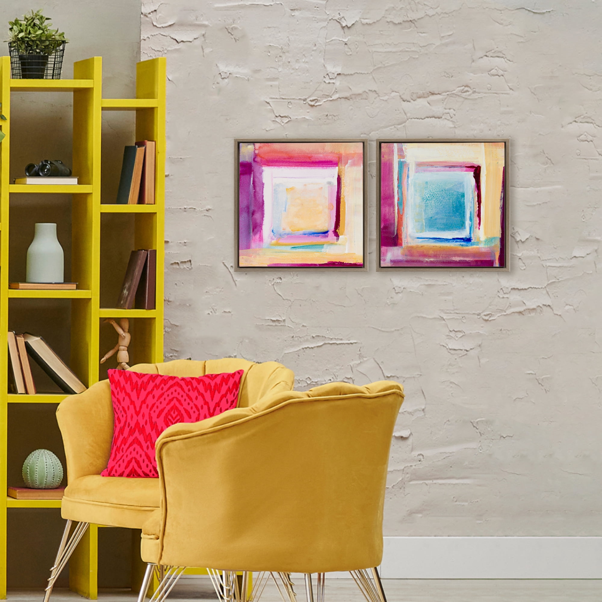 Stupell Industries Pink & Yellow New Day 2 Piece Brown Framed Floater Canvas Set, design by Lanie Loreth