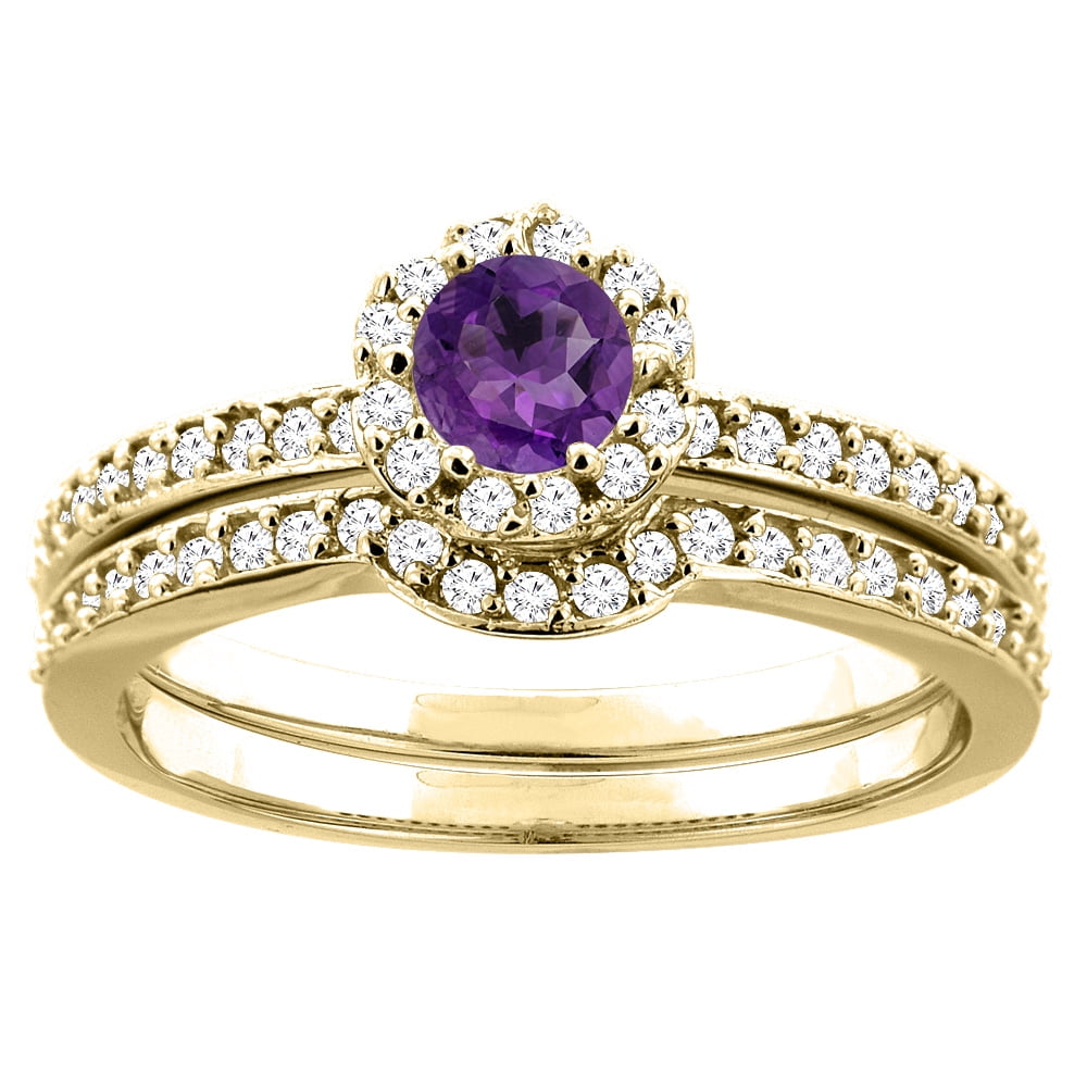10K Yellow Gold Natural Amethyst 2-pc Bridal Ring Set Diamond Accent Round 4mm, sizes 5 10 by WorldJewels