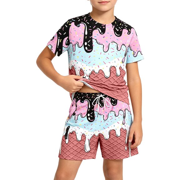 HAYIMI Ice Cream Print Boys Outfit Sets O-Neck Short Sleeve T-Shirts With Shorts Two Piece Summer Outfit Sets For Kids Stylish Clothes Sets