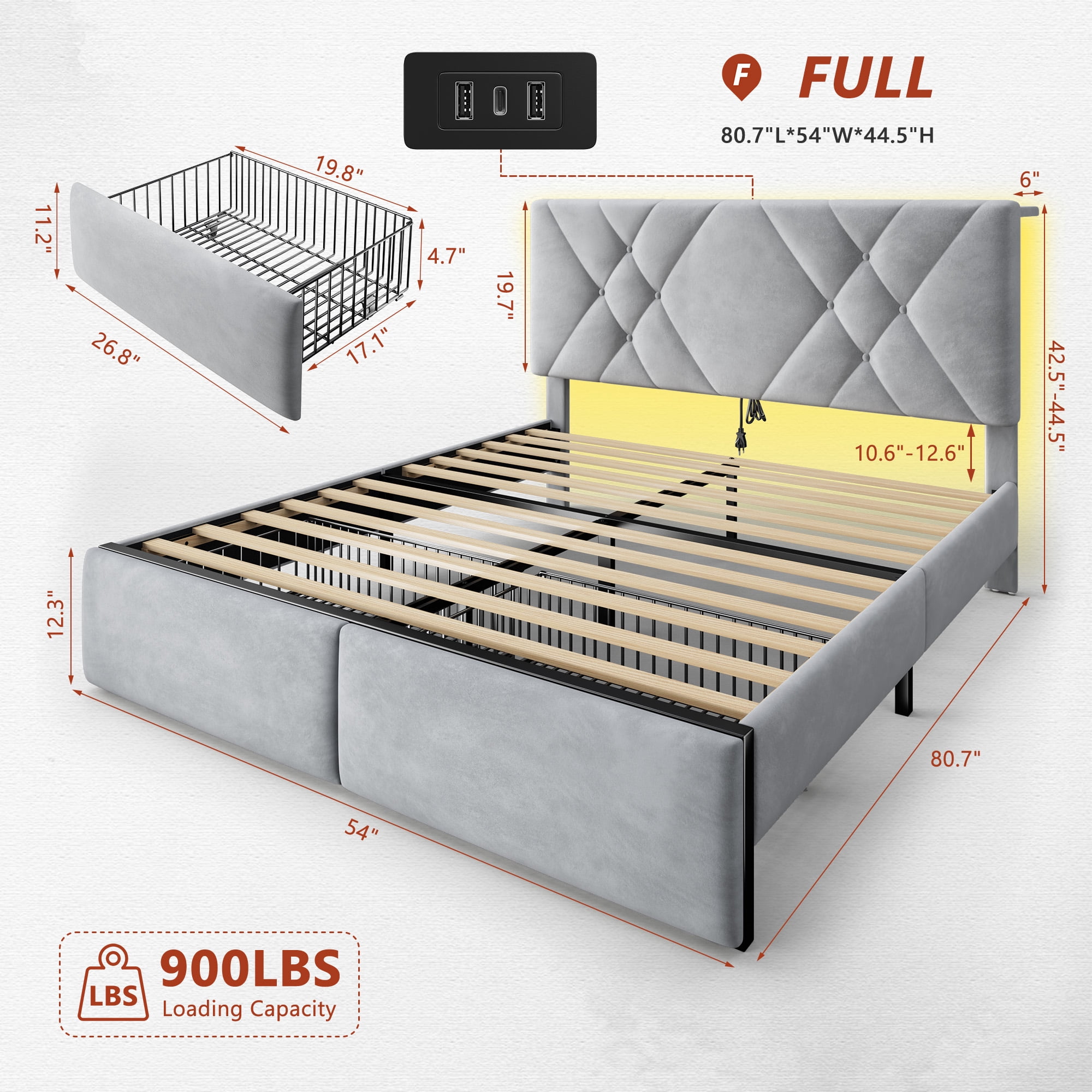 EnHomee Full Size Bed Frame with 2 Drawers &  Storage Platform Upholstered Bed Frame  with Headboard & LED Lights & Charge Station, Gray