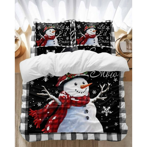 Christmas Snowman Bedding Duvet Cover Set Twin Size 4 Pieces Snowflake Berry Black Buffalo Plaid Bedding Set with Zipper Closure, 1 Comforter Cover 68x86 Inches 1 Flat Sheet & 2 Pillow Cases